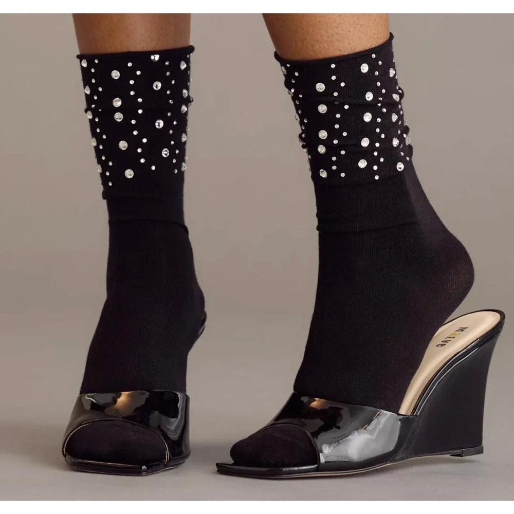 Maeve Anthropologie‎ Black Patent Leather Square Toe Wedge Mule Heels 10